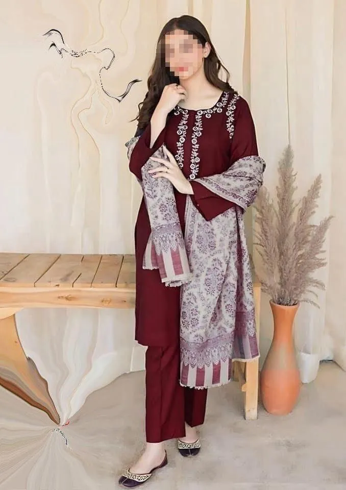 3 Pcs woman’s Unstitched dhanak Embroidered Suit