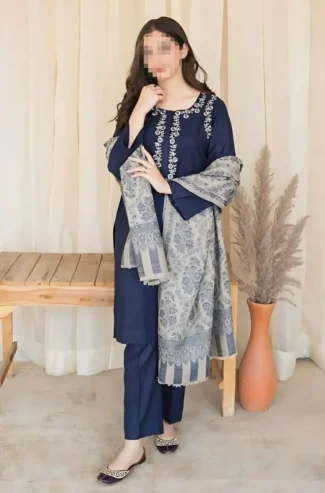 3 Pcs woman’s Unstitched dhanak Embroidered Suit