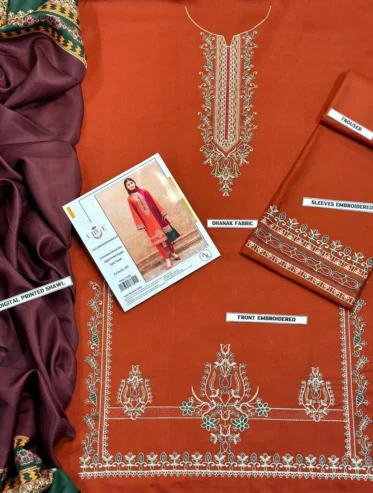 3 Pcs woman’s Unstitched dhanak Embroidered Suit