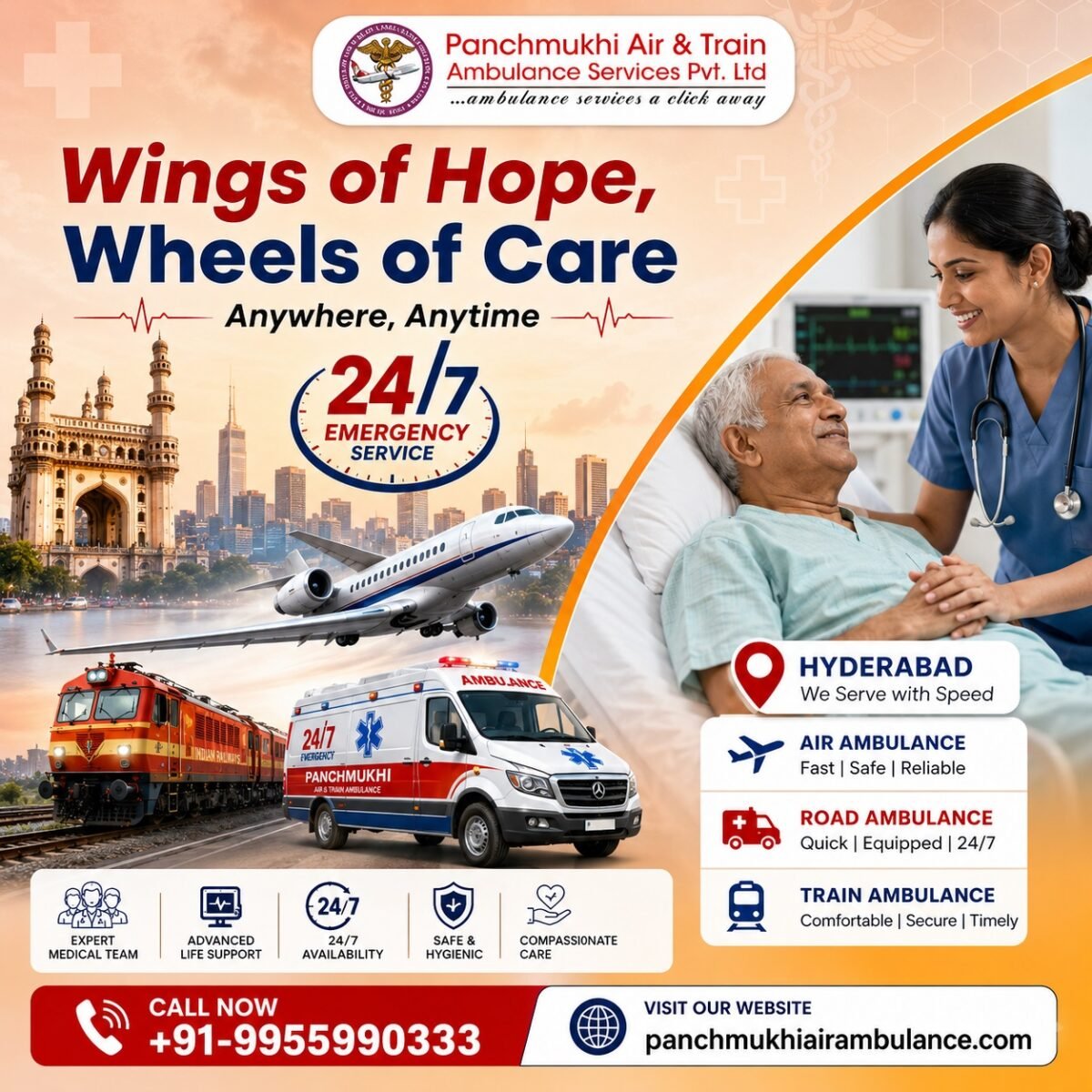Panchmukhi Air and Train Ambulance in Hyderabad- Nationwide Medical