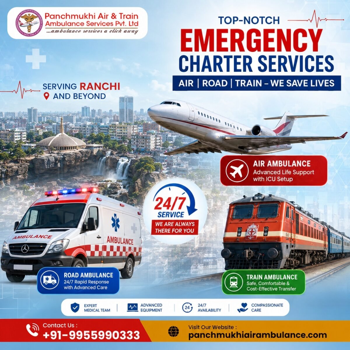 Panchmukhi Low Cost Air Ambulance in Ranchi- Choose ICU on the Move