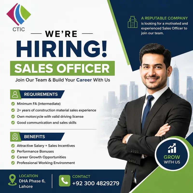 Sales Officer Ki Vacancy for Building Material Company (Bike Required)